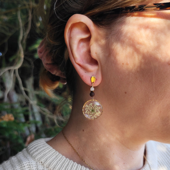 Ohrringe 'Perlblumen' aus Nussholz und Resin mit echten weißen Blüten und Süßwasserperlen am Ohr getragen, Variante mit vergoldetem Edelstahl-Ohrhänger.