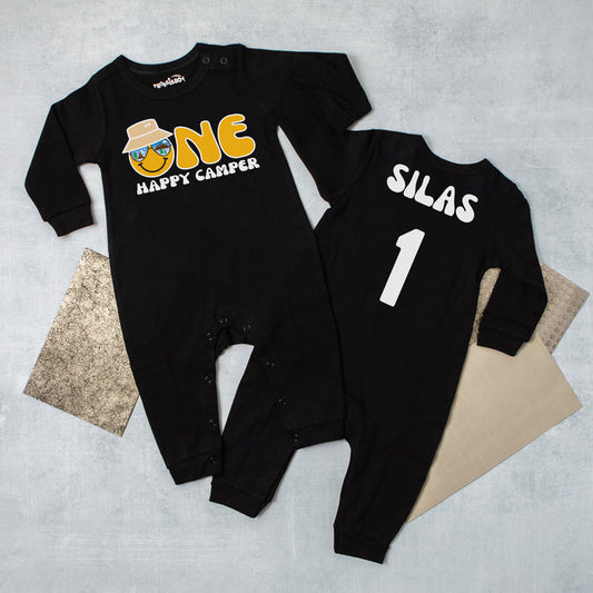 "One Happy Camper" Long Sleeve First Birthday Romper