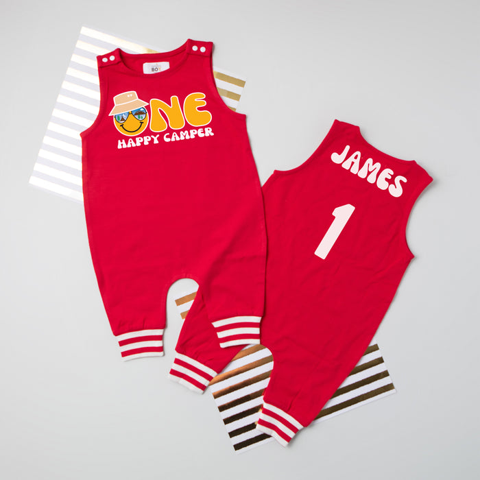 "One Happy Camper" Personalized 1st Birthday Romper with Striped Cuff