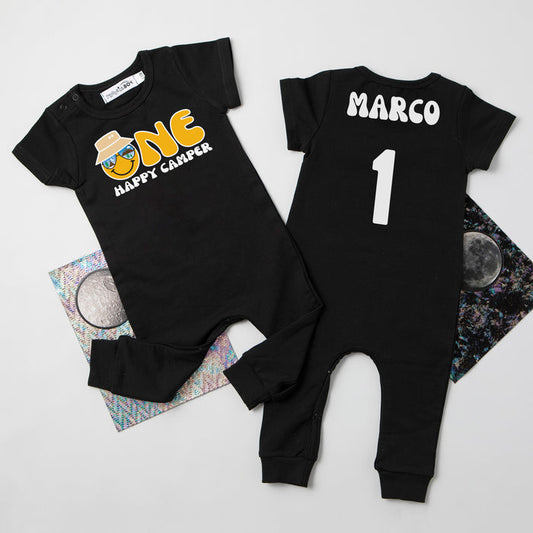 "One Happy Camper" Personalized 1st Birthday Short Sleeve Slim Fit Romper