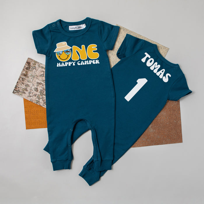 "One Happy Camper" Personalized 1st Birthday Short Sleeve Slim Fit Romper