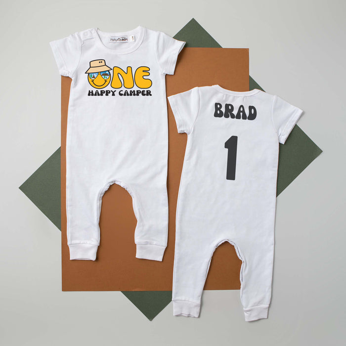 "One Happy Camper" Personalized 1st Birthday Short Sleeve Slim Fit Romper
