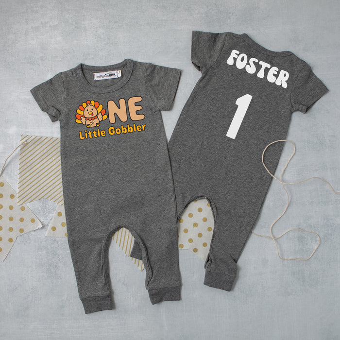 "ONE LITTLE GOBBLER" PERSONALIZED 1ST BIRTHDAY SHORT SLEEVE ROMPER FOR TURKEY DAY