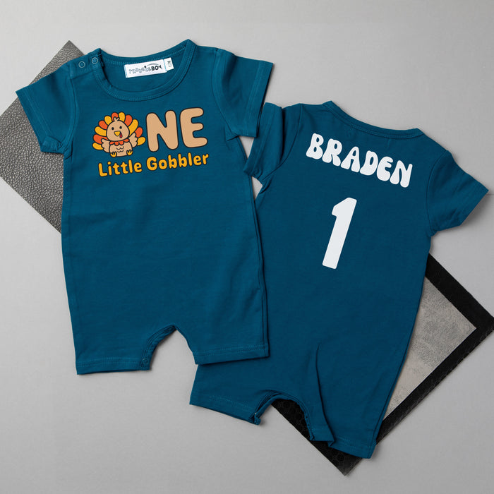 "One Little Gobbler" Personalized 1st Birthday Shorts Romper for Turkey Day