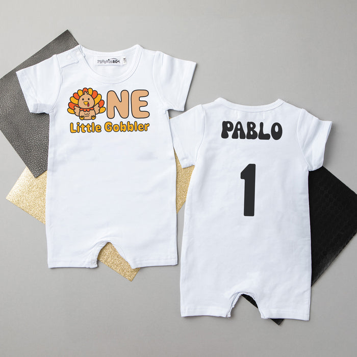"One Little Gobbler" Personalized 1st Birthday Shorts Romper for Turkey Day