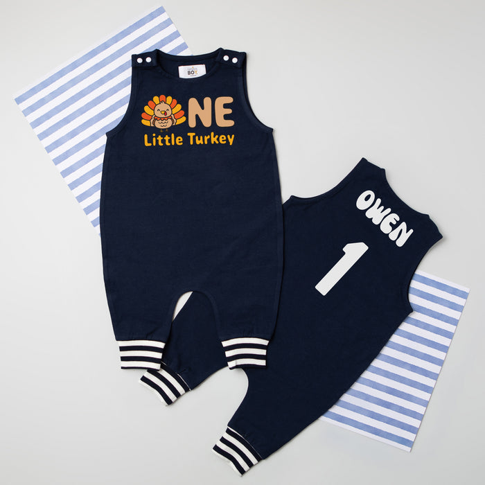 "One Little Turkey" Personalized 1st Birthday Romper with Striped Cuff for Thanksgiving