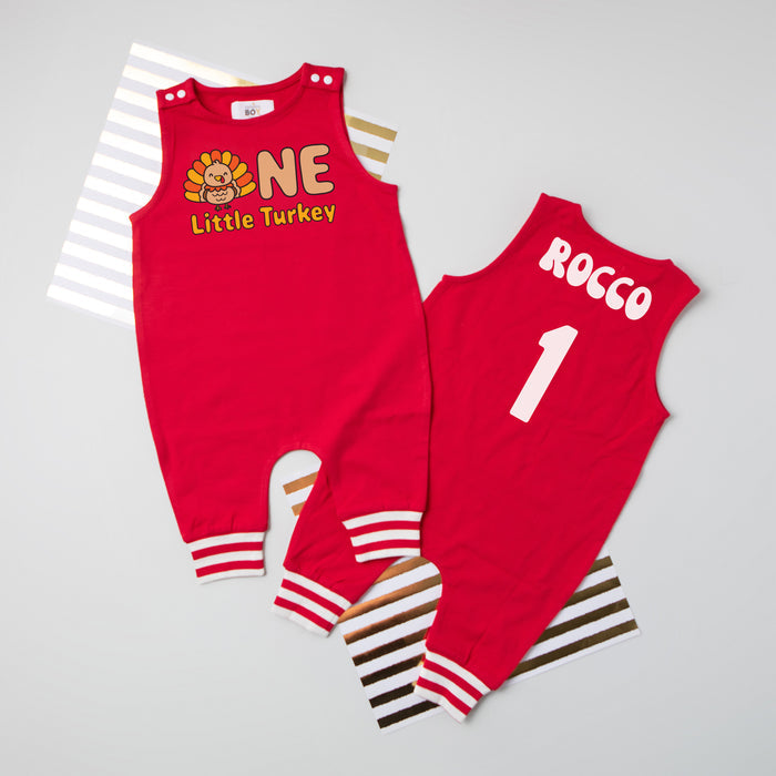 "One Little Turkey" Personalized 1st Birthday Romper with Striped Cuff for Thanksgiving