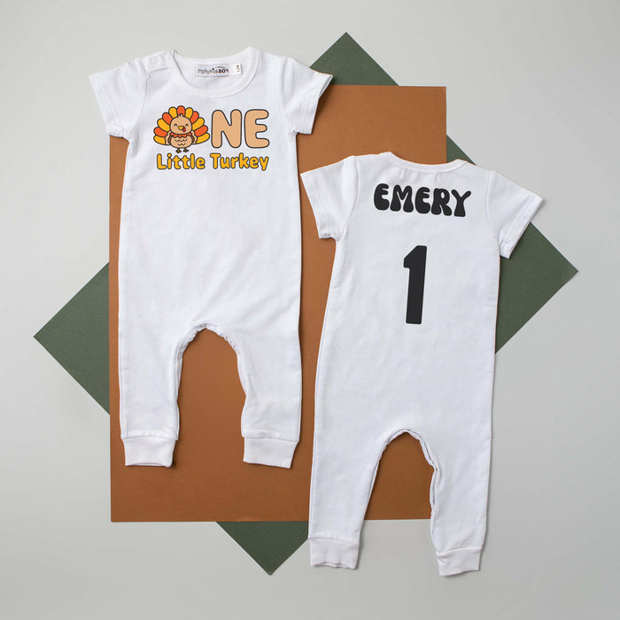 "ONE LITTLE TURKEY" PERSONALIZED 1ST BIRTHDAY SHORT SLEEVE ROMPER FOR TURKEY DAY