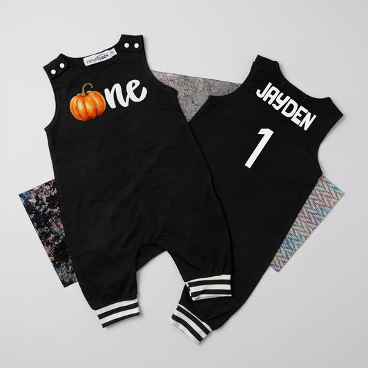 "One Pumpkin" Personalized 1st Birthday Romper with Striped Cuff