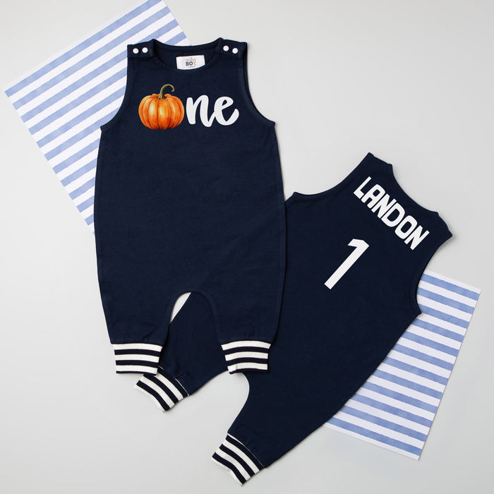 "One Pumpkin" Personalized 1st Birthday Romper with Striped Cuff