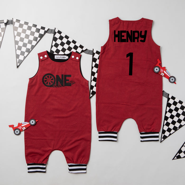 "One" Racecar Themed Birthday Romper with Striped Cuff