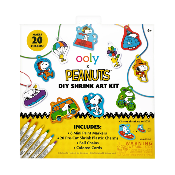 Front of packaging of OOLY x Peanuts DIY Shrink Art Kit