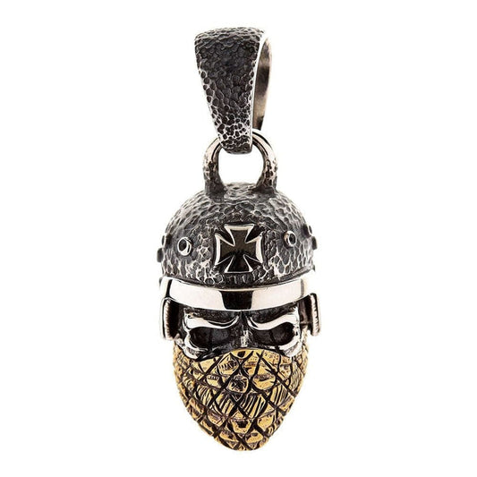 A front view of the outlaw biker skull pendant, showing the silver helmet with Iron Cross and the brass bandana.