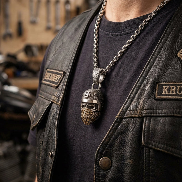 Silver outlaw biker skull pendant with helmet and textured beard detail worn on heavy chain necklace against black leather motorcycle vest and dark t-shirt in workshop setting