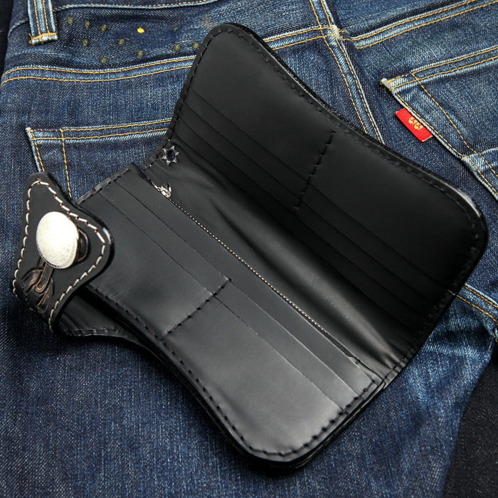 The interior of the long leather biker wallet, displaying the 10 credit card slots and bill compartments.