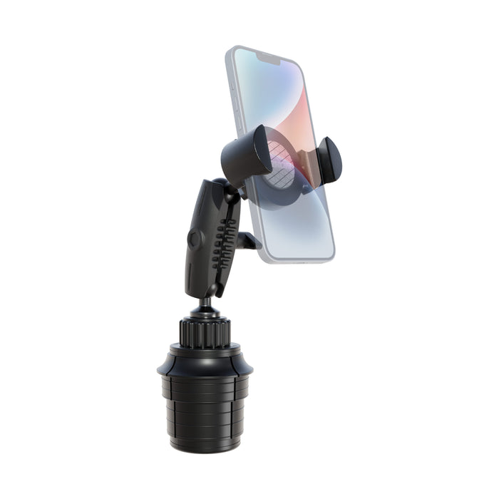 An Arkon Mounts Phone Cup Holder Mount with RoadVise® XL Holder - 25mm in black is shown holding a smartphone upright in portrait orientation, with the screen visible and subtly faded. The mount’s flexible arm and secure grip offer reliable, hands-free use while driving.
