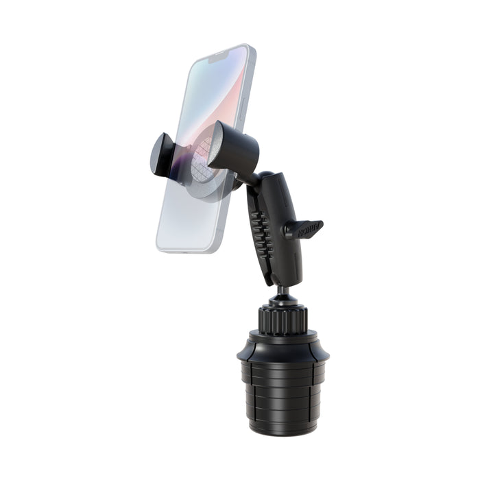 The Arkon Mounts Phone Cup Holder Mount with RoadVise® XL Holder - 25mm is a black, adjustable solution that securely holds your smartphone in a vertical position, featuring a flexible arm and strong grip—ideal for anyone seeking the versatile convenience of a tablet holder for their car.