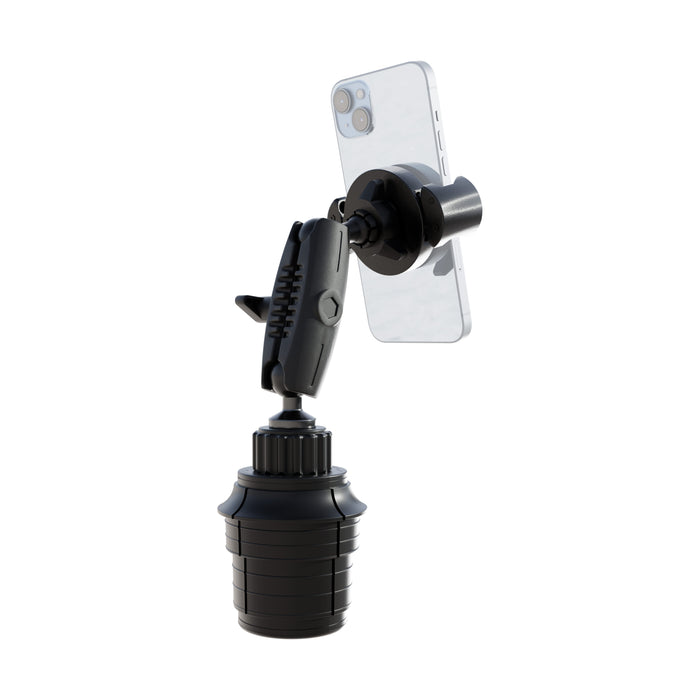 An Arkon Mounts Phone Cup Holder Mount with RoadVise® XL Holder - 25mm, shown in black, holds a smartphone and is displayed against a white background.