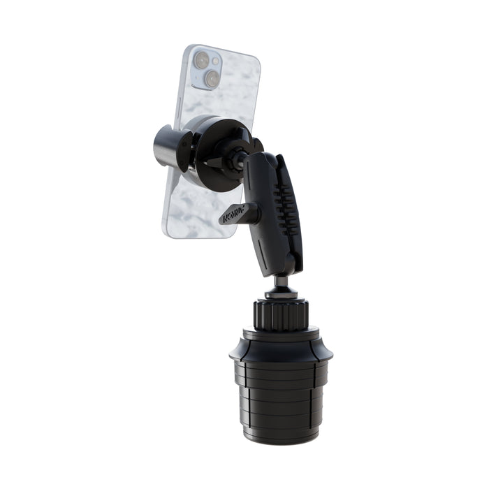 A black Phone Cup Holder Mount with RoadVise® XL Holder – 25mm by Arkon Mounts securely holds a smartphone upright in its marble-textured case. Designed as a versatile tablet holder for car use, the mount features several adjustable joints.