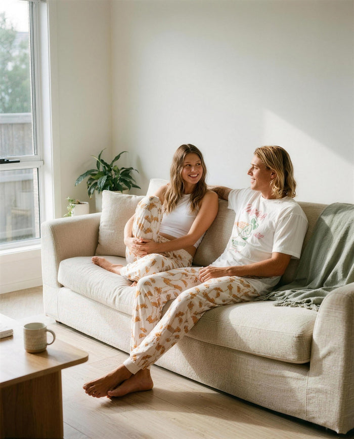 Pizza Pants and Pizza Tee worn together on a sofa - Slouch Potato