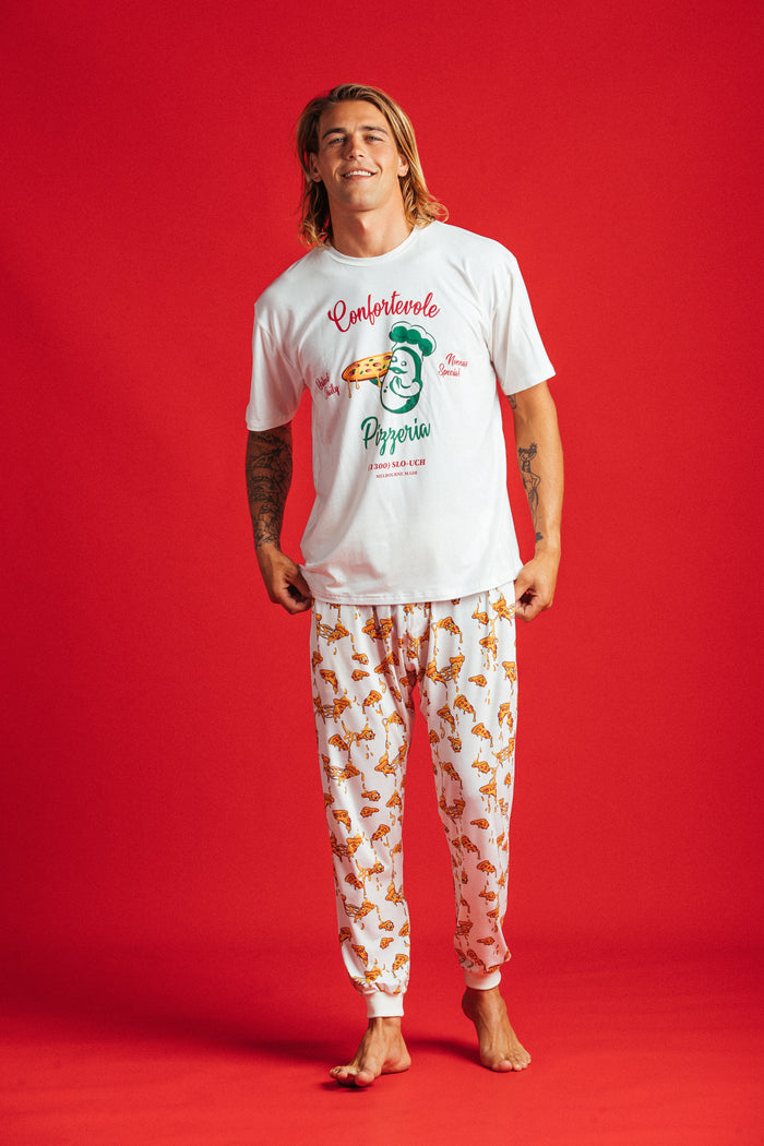 Pizza Pants unisex pizza-print loungewear, full length - Slouch Potato Pizza & Dumplings