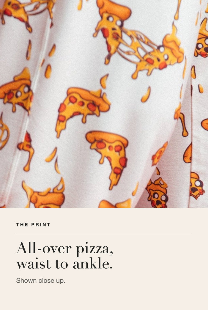 Pizza Pants all-over pizza print shown close up - Slouch Potato