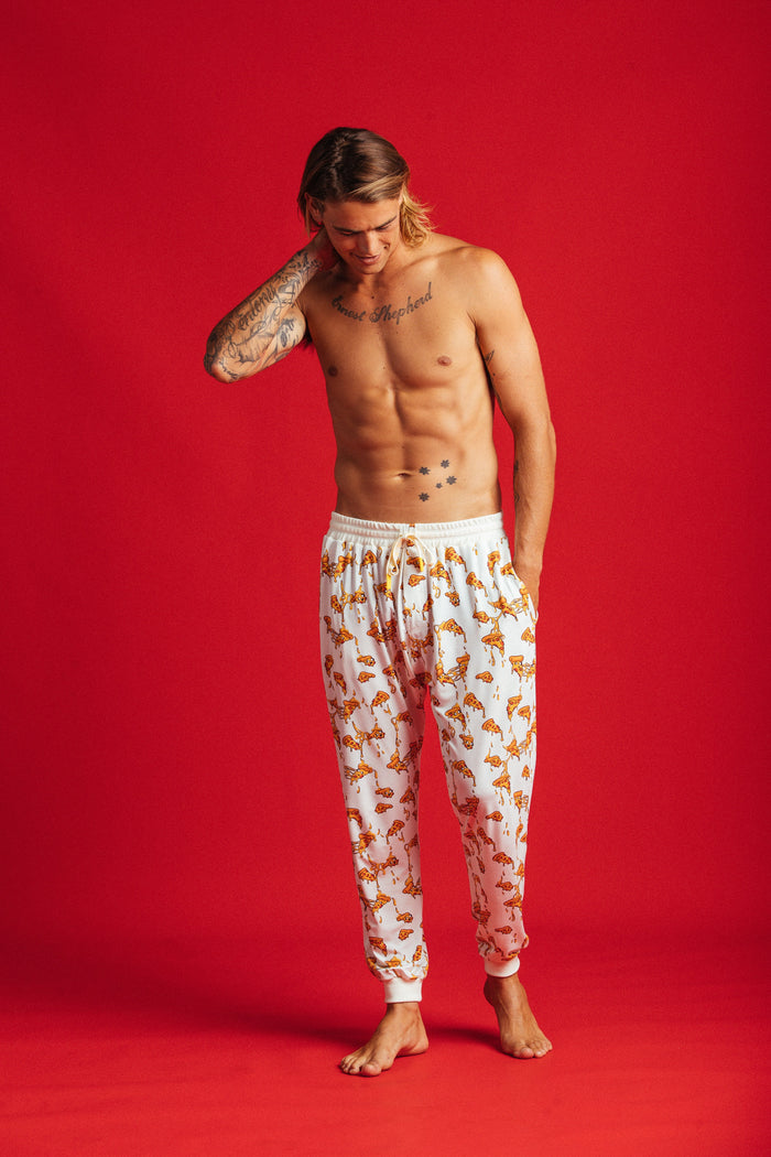 Pizza Pants unisex pizza-print lounge pants, front view - Slouch Potato Pizza & Dumplings