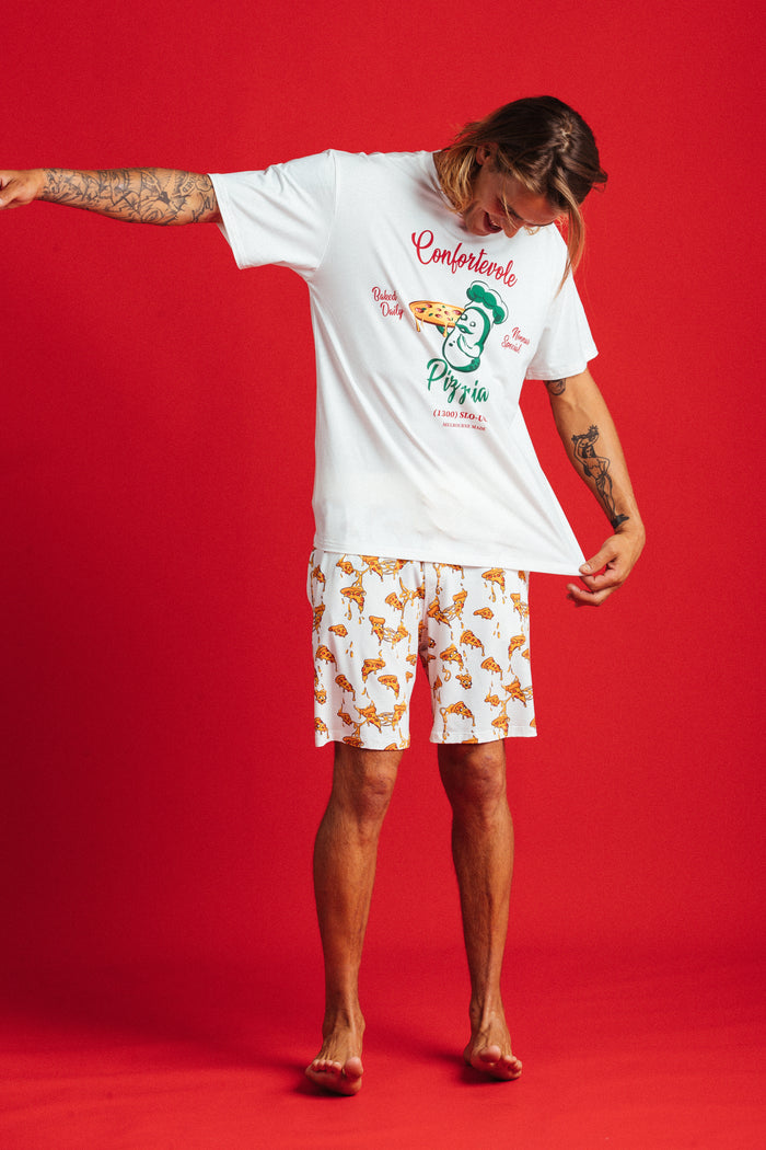 Pizza Tee unisex oversized sleep tee in pizza print, loungewear - Slouch Potato Pizza & Dumplings