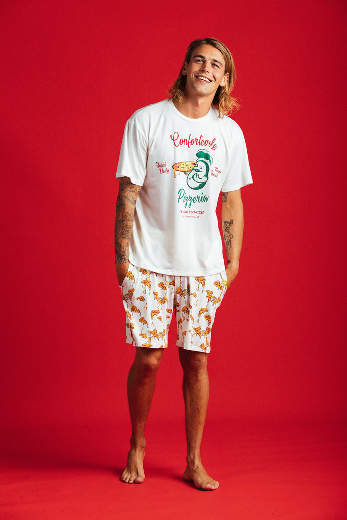 Pizza Tee unisex oversized lounge tee with all-front pizza print - Slouch Potato Pizza & Dumplings
