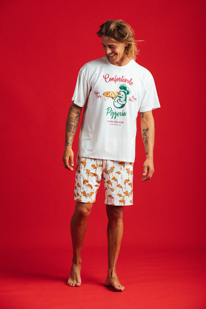 Pizza Tee unisex pizza-print loungewear tee - Slouch Potato Pizza & Dumplings