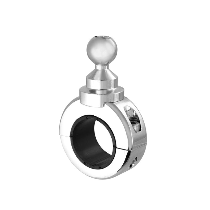 The Premium Motorcycle Handlebar Mount for Garmin GPS features a chrome aluminum circular clamp with a 17mm ball-compatible knob and a hollow center, ideal for securely attaching your GPS to your motorcycle handlebars.
