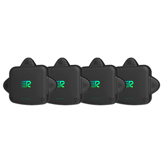 Four rectangular black portable power banks with a green 'R' logo on the front, arranged horizontally.