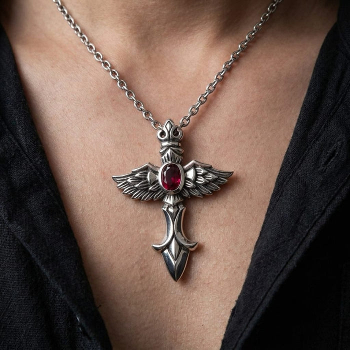 Close-up of a model wearing a detailed silver gothic cross pendant featuring angel wings and a central oval red gemstone, styled on a silver chain with an open black shirt.