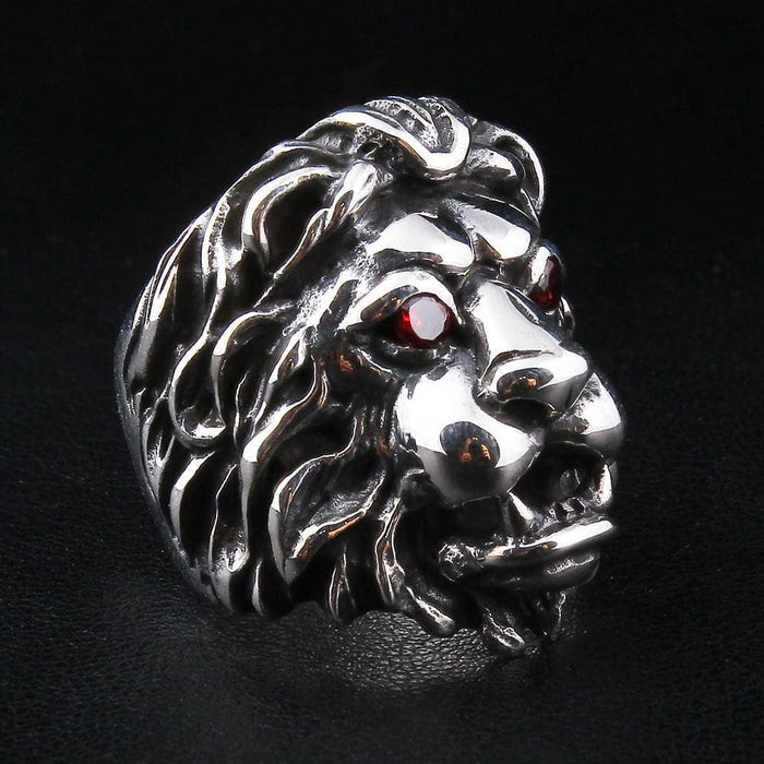 Side profile of the heavy sterling silver lion ring showing the detailed mane and open mouth.