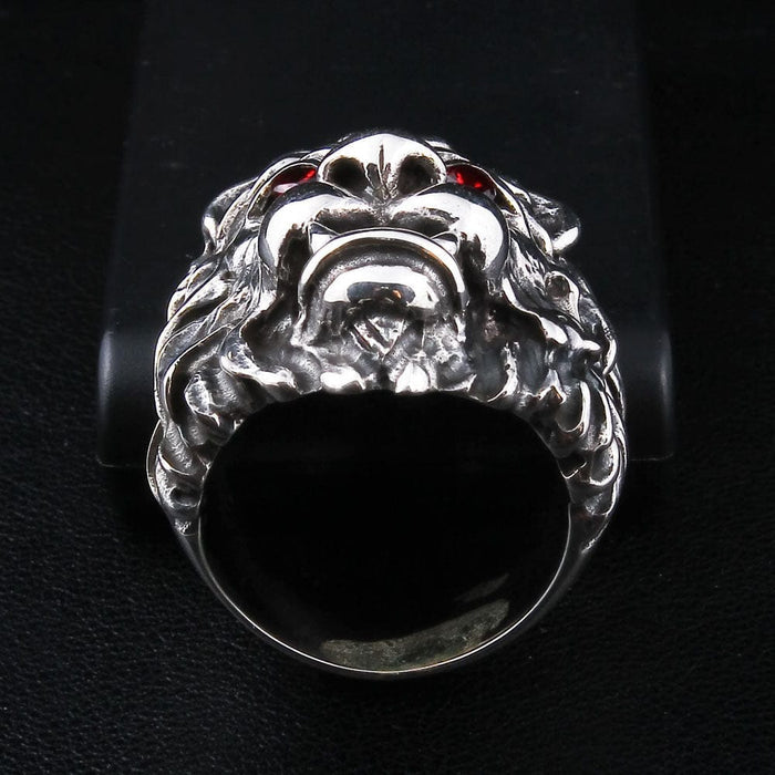 Top-down view emphasizing the large 28mm x 32mm face of the lion ring.