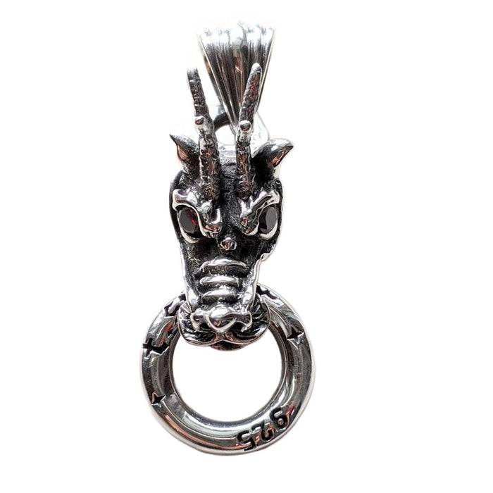 Red Garnet Eyes Sterling Silver Dragon Head Pendant