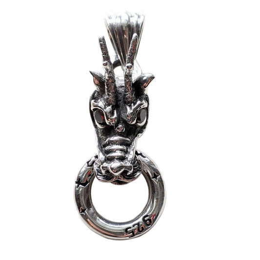 Red Garnet Eyes Sterling Silver Dragon Head Pendant