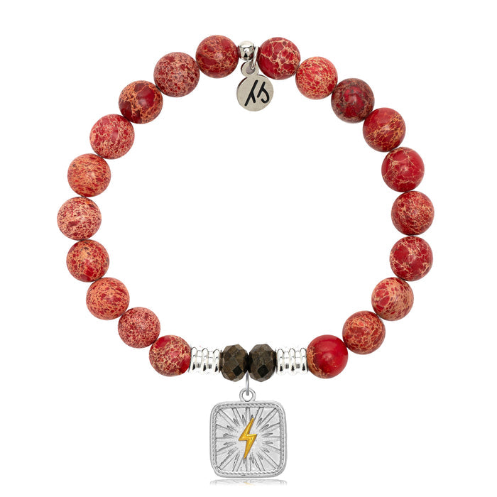 Red Jasper Stone Bracelet with Lightning Bolt Sterling Silver Charm