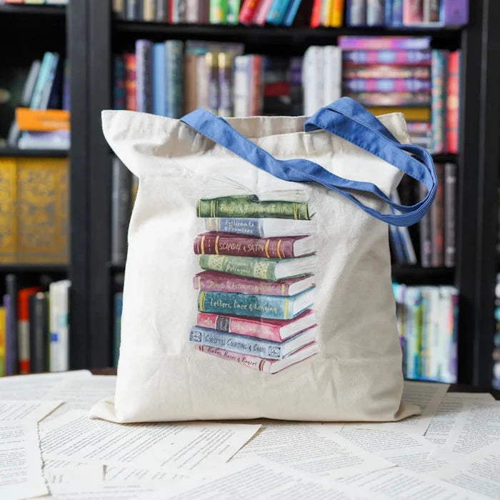 Regency book stack cotton tote bag with colorful stacked books design