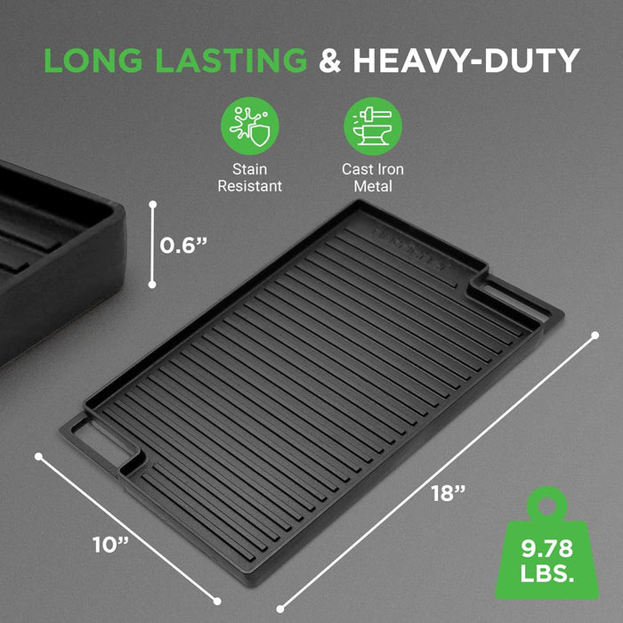 Reversible Cast Iron Grill Pan, Even Heat, 18" Flat & Ridged, Includes Mitt