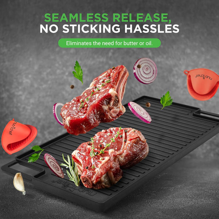 Reversible Cast Iron Grill Pan, Even Heat, 18" Flat & Ridged, Includes Mitt