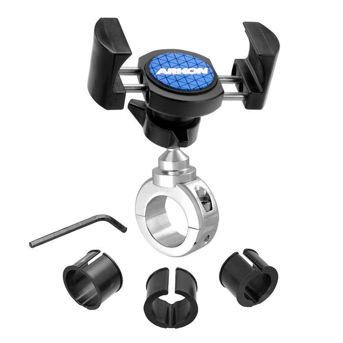 The RoadVise® Holder with Chrome Aluminum Mount securely attaches to bicycle or motorcycle handlebars, featuring an adjustable grip, circular clamp, four black plastic inserts, a small hex key—ideal as a versatile phone mount.