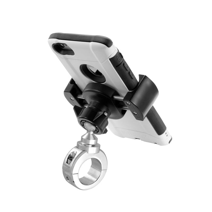 A smartphone in a protective case is mounted on the RoadVise® Holder with Chrome Aluminum Mount, which secures your device to your bike handlebar with a metal ring clamp and adjustable joint for a safe ride.