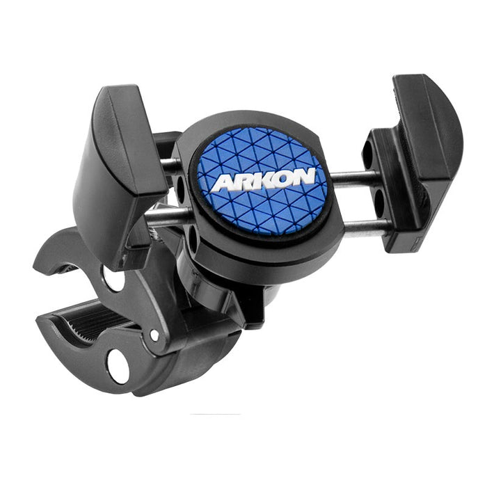 The RoadVise® Phone Clamp Post Mount, shown in black and blue with a clamp base and padded grips, attaches to handlebars or poles like an exercise equipment phone mount and fits iPhone, Galaxy, Note, and more; displayed on a white background.