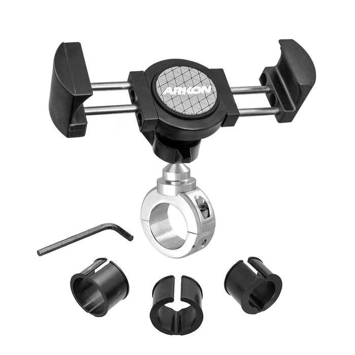 The RoadVise® XL Motorcycle Midsize Tablet and Phone Mount - Chrome Aluminum features adjustable black and silver arms, a central circular logo, clamp, Allen wrench, and four adapters—ideal for holding large phones or midsize tablets.