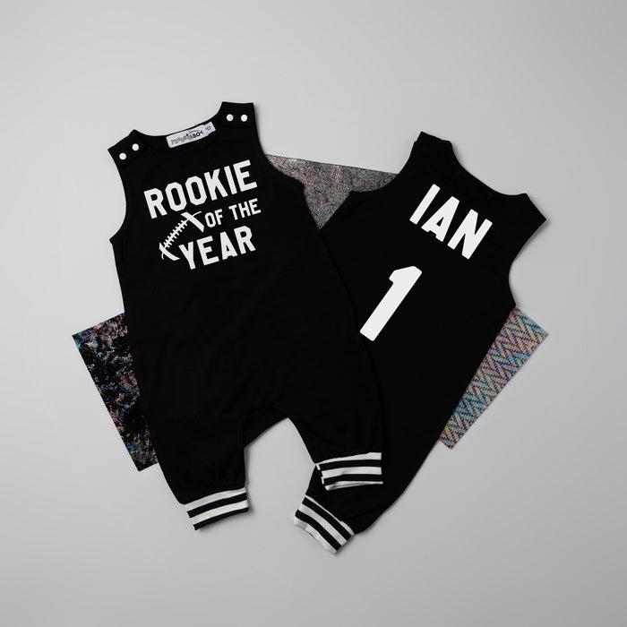 "Rookie of the Year" Football First Birthday Romper with Striped Cuff