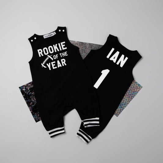 "Rookie of the Year" Football First Birthday Romper with Striped Cuff