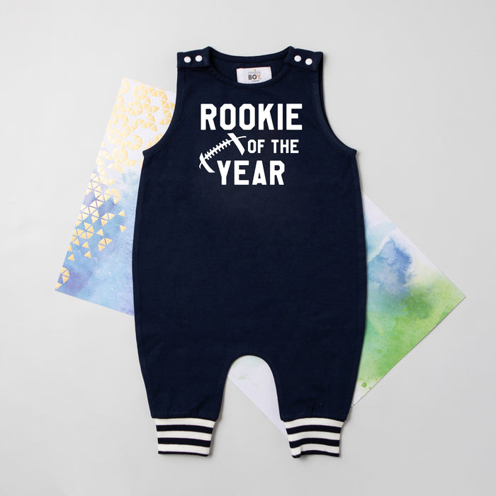"Rookie of the Year" Football First Birthday Romper with Striped Cuff