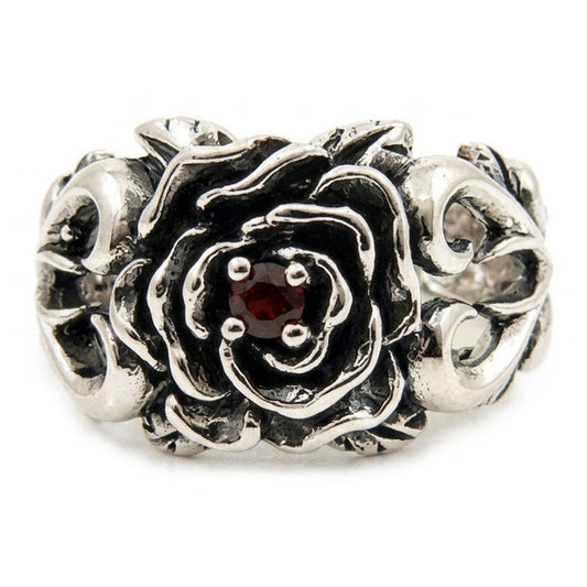 Carved blackened sterling silver rose ring with red garnet center stone and openwork thorn-and-heart cutout band
