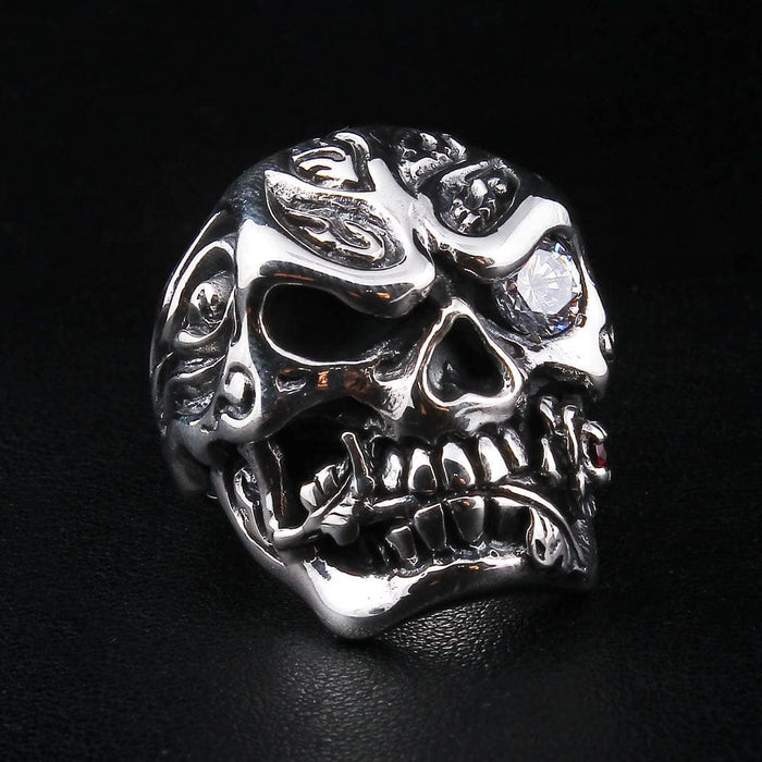 Side profile of the solid sterling silver skull biker ring, showcasing the intricate band details and substantial design.